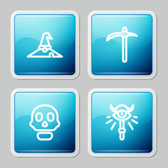 Set line Witch hat, Pickaxe, Skull and Magic staff icon. Vector