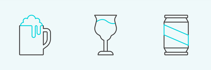 Set line Beer can, Wooden beer mug and Wine glass icon. Vector