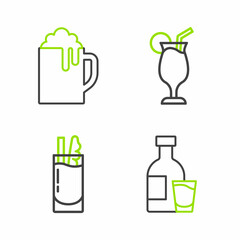 Set line Bottle of vodka with glass, Cocktail Bloody Mary, and Wooden beer mug icon. Vector