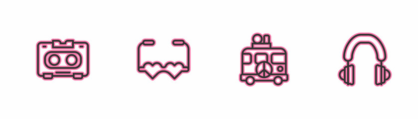 Set line Retro audio cassette tape, Hippie camper van, Heart shaped love glasses and Headphones icon. Vector