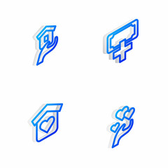 Set Isometric line Donation and charity, Shelter for homeless, and Heart in hand icon. Vector