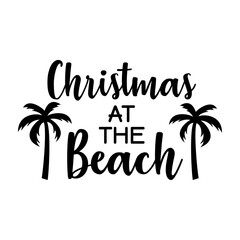 Obraz premium Banner con texto manuscrito Christmas at the Beach con silueta de la palma. Logo Feliz Navidad. Vector en color negro