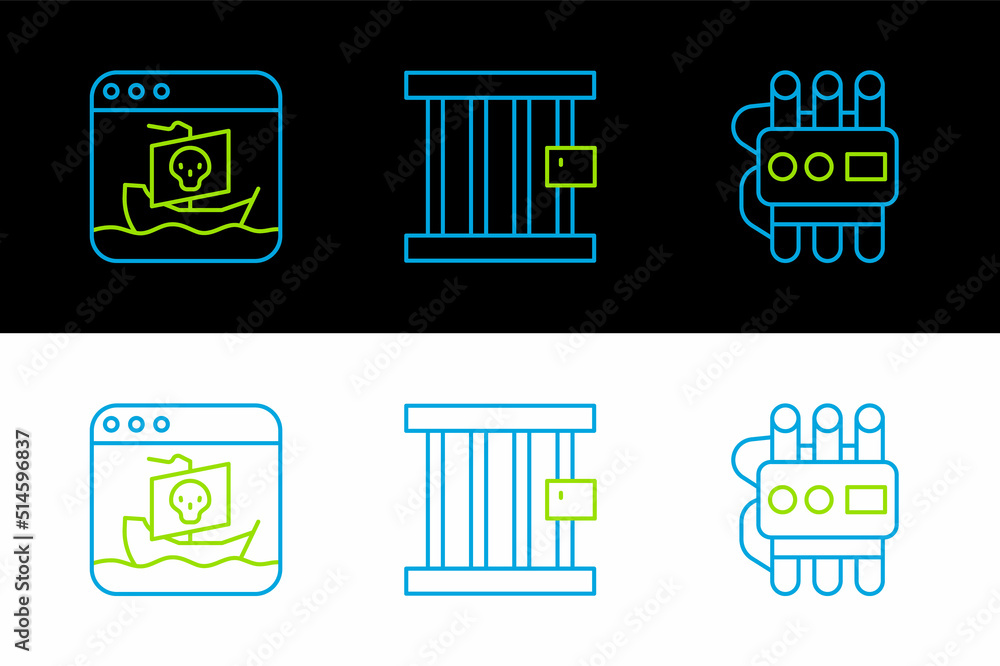 Poster set line dynamite and timer clock, internet piracy and prison window icon. vector