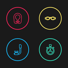 Set line Snorkel, Stopwatch, Glasses for swimming and Life jacket icon. Vector
