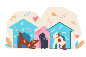 Animals shelter banner or poster template with dogs and cats. Pets adoption and money donation for animals shelter, flat vector illustration isolated on white background.