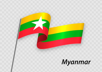 Obraz premium Waving flag of Myanmar on flagpole. Template for independence day