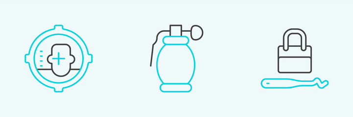 Set line Lock picks for lock picking, Headshot and Hand grenade icon. Vector