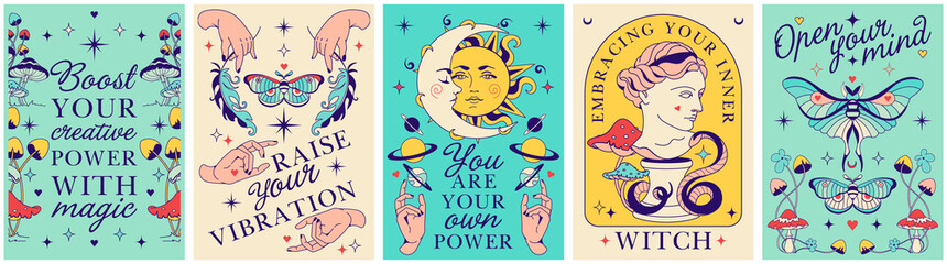 Mystic Celestial vector prints and posters with slogans and quotes. Vintage crescent moon, boho sun, alchemy, folk gypsy style. Retro divine sacred graphic for tee, t shirt, sweatshirt