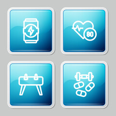 Set line Energy drink, Heart rate, Pommel horse and Sports doping with dumbbell icon. Vector