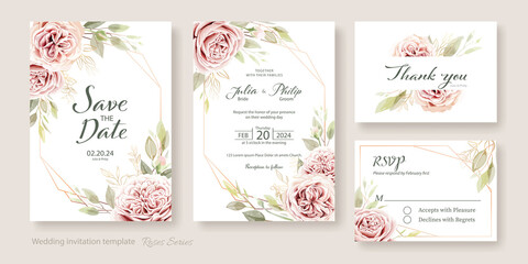 Fototapeta na wymiar Wedding Invitation, save the date, thank you, rsvp card template. Juliet rose and wax flower with eucalyptus leaves.