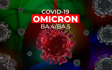 Covid 19 virus,SARS-CoV-2 Coronavirus variant omicron ba.4 ba.5. Microscopic view of infectious virus cells in lungs .3D rendering