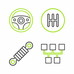 Set line Gear shifter, Shock absorber, and Steering wheel icon. Vector