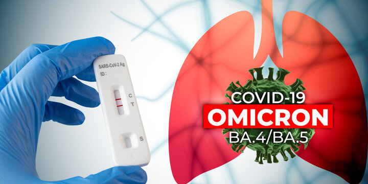 Covid-19 positive test result with SARS CoV-2 Rapid antigen test kit (ATK),Covid 19 virus,SARS-CoV-2 Coronavirus variant omicron BA.4 BA.5 in lungs.3D rendering,
