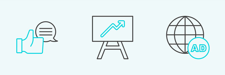 Set line Advertising, Customer product rating and Board with graph chart icon. Vector