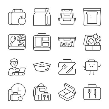 Food in a container icons set.  Breakfast, lunch to go. Meals to go. A set of rations for school or work, linear icon collection. Line with editable stroke