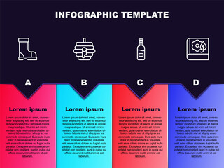 Set line Waterproof rubber boot, Hive for bees, Bottle wine and Herbarium. Business infographic template. Vector