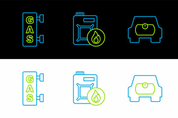 Set line Gas tank for vehicle, filling station and Canister motor oil icon. Vector