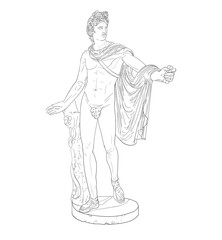 Full-length statue of Apollo Belvedere on white background. Vector illustration in a line art style. EPS 10. The idea for a print on a T-shirt, bag, poster. - obrazy, fototapety, plakaty