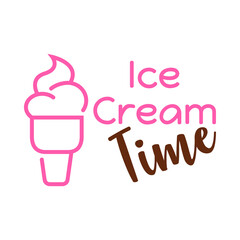 Banner con texto Ice Cream Time. Logotipo con helado en cono de galleta. Vector con líneas en color rosa y marrón