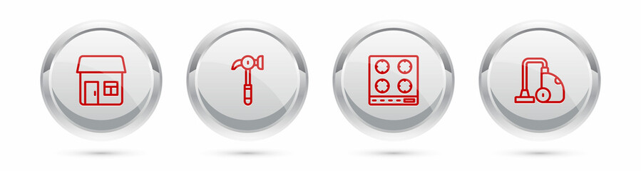 Set line House, Hammer, Gas stove and Vacuum cleaner. Silver circle button. Vector