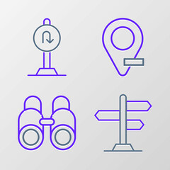 Set line Road traffic sign, Binoculars, Location and Turn back road icon. Vector