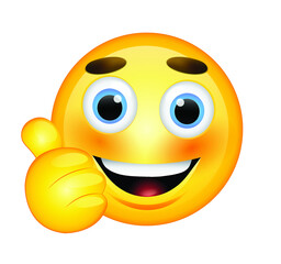 High quality emoticon on white background. Emoji with thumbs up. Yellow happy face emoji