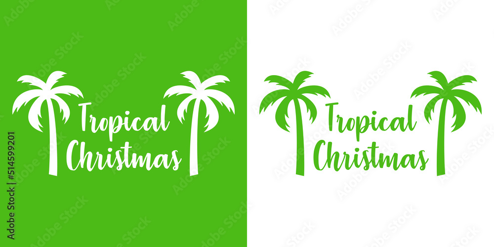 Poster banner con texto manuscrito tropical christmas con silueta de la palma. logo feliz navidad. vector e