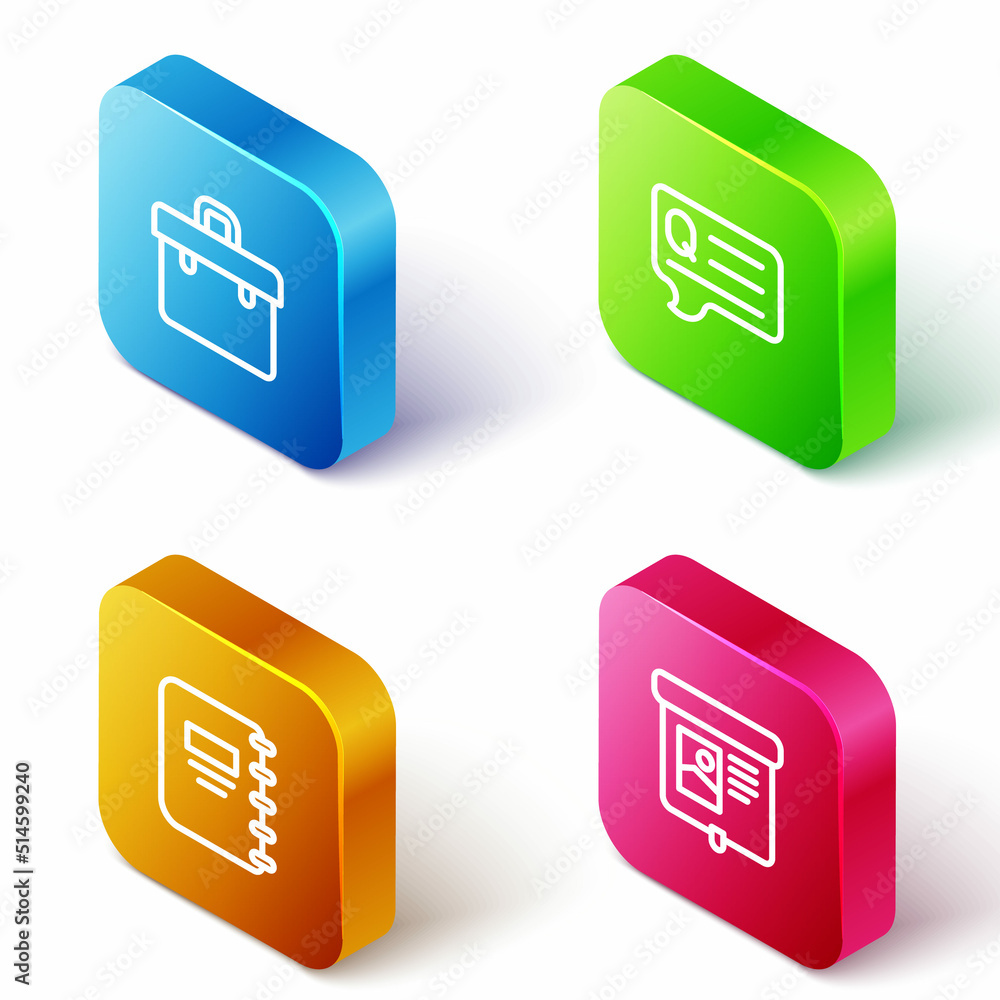 Poster set isometric line briefcase, speech bubbles with question, notebook and projection screen icon. vec