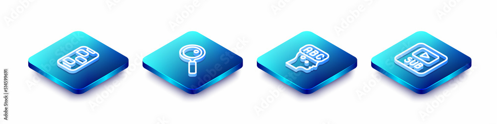 Poster set isometric line new chat messages notification, magnifying glass, learning foreign languages and 