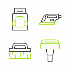 Set line Garment steamer, Brush for cleaning, Electric iron and Laundry detergent icon. Vector