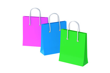 Various color paper shopping bags isolated on white background. Product discounts. Big sale. 3d render