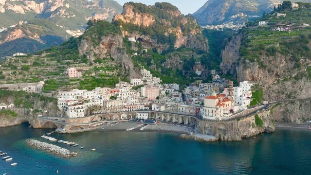 View from above, stunning aerial view of the village of Atrani. Atrani is a city and comune on the Amalfi Coast in the province of Salerno in the Campania region of south-western Italy