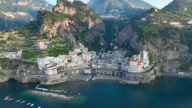 View from above, stunning aerial view of the village of Atrani. Atrani is a city and comune on the Amalfi Coast in the province of Salerno in the Campania region of south-western Italy