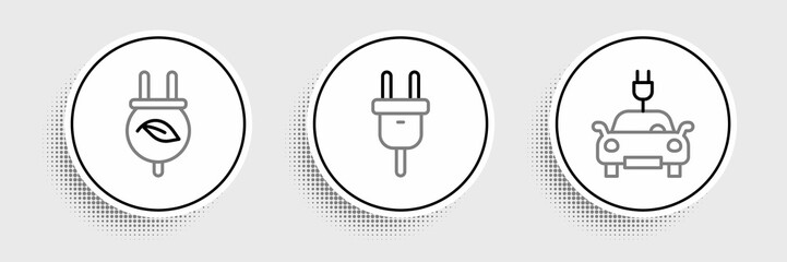 Set line Electric car, saving plug in leaf and icon. Vector