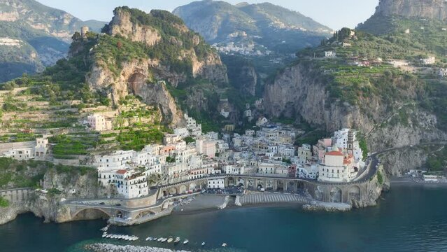 View from above, stunning aerial view of the village of Atrani. Atrani is a city and comune on the Amalfi Coast in the province of Salerno in the Campania region of south-western Italy