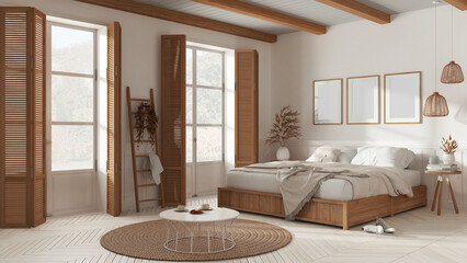 Wooden country bedroom in white tones. Mater bed with blanket. Windows with shutters and parquet floor, carpet and decors, beams ceiling. Frame mockup. Interior design