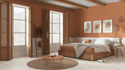 Wooden country bedroom in white and orange tones. Mater bed with blanket. Windows with shutters and parquet floor, carpet and decors, beams ceiling. Interior design