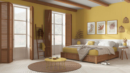 Wooden country bedroom in white and yellow tones. Mater bed with blanket. Windows with shutters and parquet floor, carpet and decors, beams ceiling. Interior design