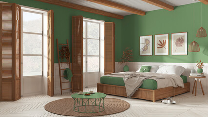 Wooden country bedroom in white and green tones. Mater bed with blanket. Windows with shutters and parquet floor, carpet and decors, beams ceiling. Interior design