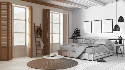 Architect interior designer concept: hand-drawn draft unfinished project that becomes real, country bedroom . Mater bed, windows with shutters and parquet