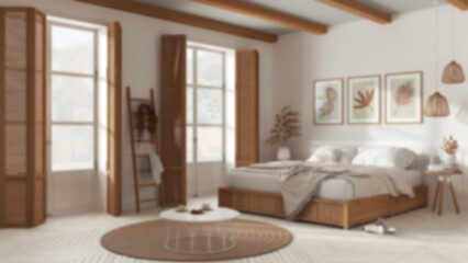 Blurred background, country bedroom . Mater bed with blanket. Windows with shutters and parquet floor, carpet and decors, beams ceiling. Interior design