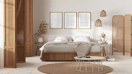 Wooden country bedroom in white tones. Mater bed with blanket. Wooden panel and parquet floor, carpet and table, breakfast with cookies. Frame mockup, interior design