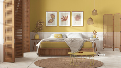 Wooden country bedroom in white and yellow tones. Mater bed with blanket. Wooden panel and parquet floor, carpet and table, breakfast with cookies. Interior design