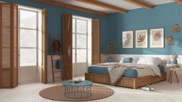 Wooden country bedroom in white and blue tones. Mater bed with blanket. Windows with shutters and parquet floor, carpet and decors, beams ceiling. Interior design