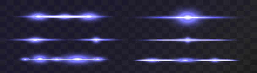 Set of blue horizontal lens flares pack. Abstract light flares, laser beams, sparkling lined, horizontal light rays. Vector illustration.