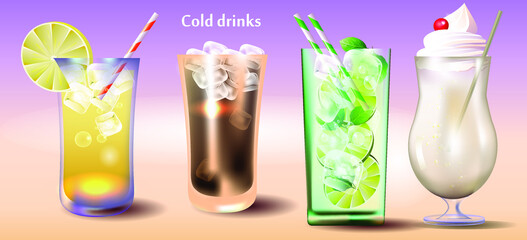 Popular summer drinks are cola and lemonade. Drinking glasses