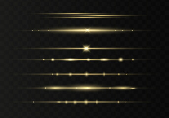 Set of gold horizontal lens flares pack. Abstract light flares, laser beams, sparkling lined, horizontal light rays. Vector illustration.
