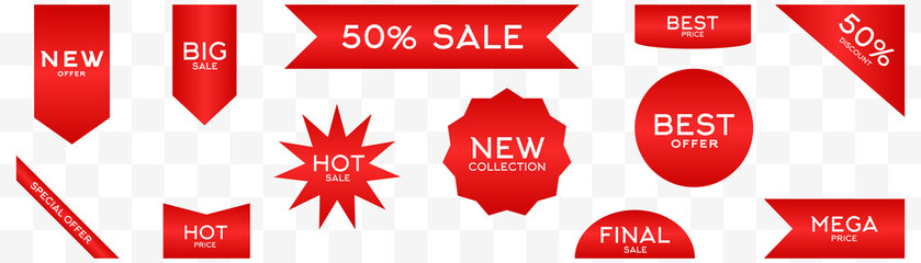 Set of Price tags. Discount red ribbons. Sale and shopping tags. Vector collection