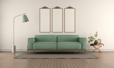 Elegant living room with green sofa