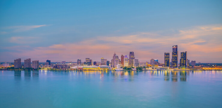 Detroit skyline in Michigan, cityscape of USA at sunset shot from Windsor, Ontario